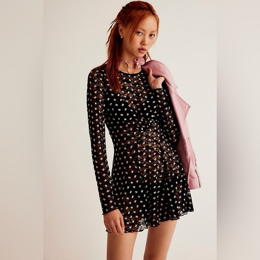 Free People Sheer Delight Lace Mini Dress Black Butterfly Bows Long Sleeve